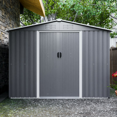 Remise extérieure en acier galvanisé de 8 pi x 6 pi avec portes verrouillables - utilisation toutes saisons pour le jardin, le patio, la cour, la pelouse, la circulation de l'air gris
