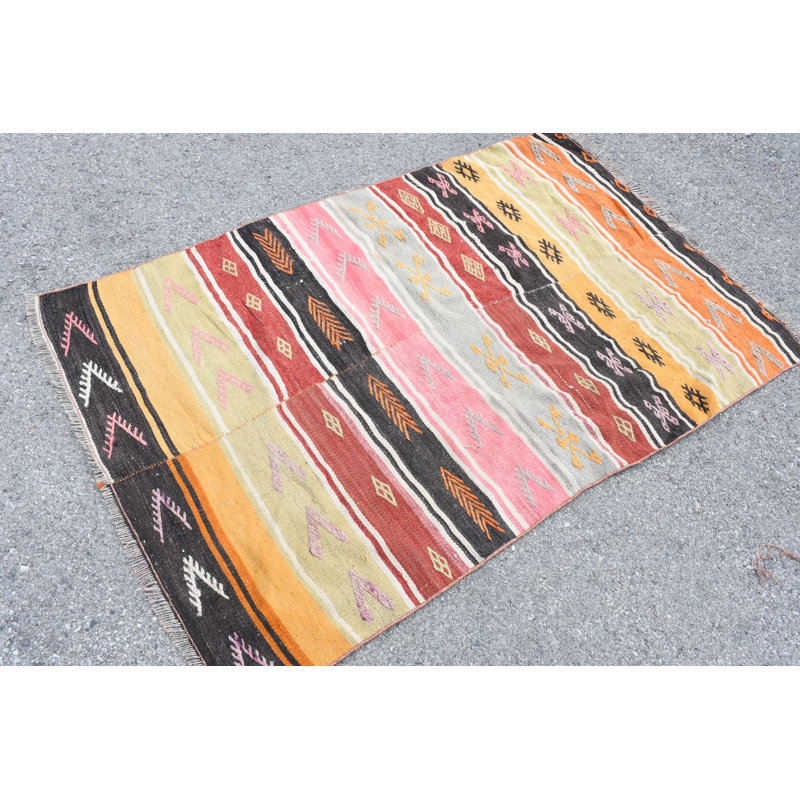 Magnifique tapis décoratif kilim turc aux couleurs vives de l'arc-en-ciel, idéal pour les chambres à coucher et les chambres de bébé avec un design rétro