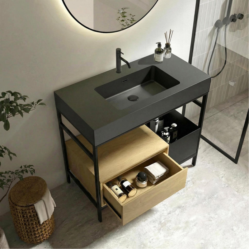 Meuble-lavabo modulaire de 36 po de style industriel, avec un cadre en métal robuste, surmonté d'un bassin en pierre artificielle sans soudure et facile à nettoyer, sans drain ni robinet