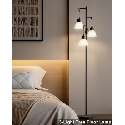 Lightdot 67-Inch Dimmable Floor Lamp, Mid Century Modern Tree Design With 3 PC Lampshades, Black Standing Lamp For Living Room, Bedroom, Corner, Includes 3 E26 LED Bulbs