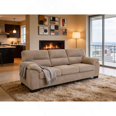 3-Seater Sofa, Camel Upholstered Couch, Modern Living Room Furniture, Textured Fabric Sofa, Minimalist Settee, Comfortable Armchair, Sturdy Frame Sofa