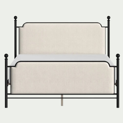 Upholstered metal bed frame with a black finish and beige fabric headboard and footboard.