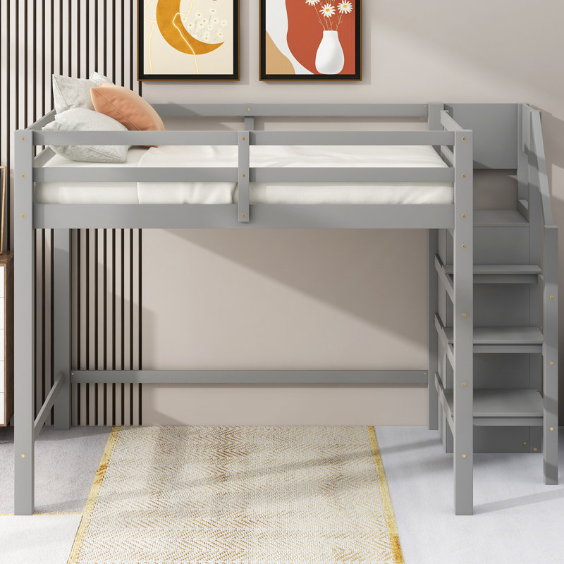 Gray Full Size Loft Bed With Functional Storage And Mounting Options - Space Efficient Bedroom Solution In Built-In For Use