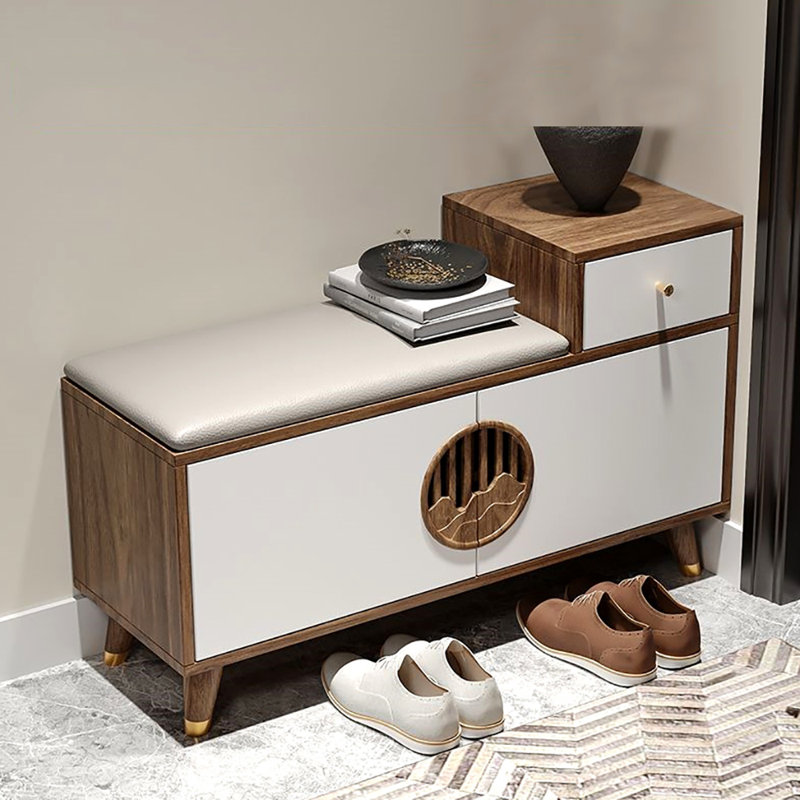 39.4in Multi-functional Shoe Storage Bench, White/Light Walnut