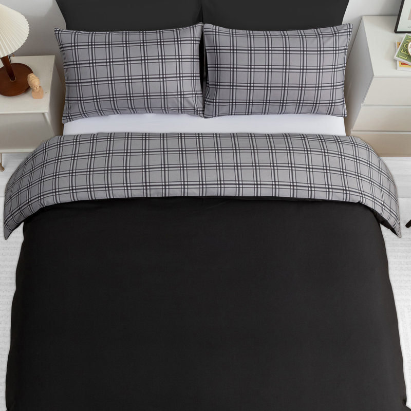 Microfiber Geometric Duvet Cover Set, Black & Grey, Superking