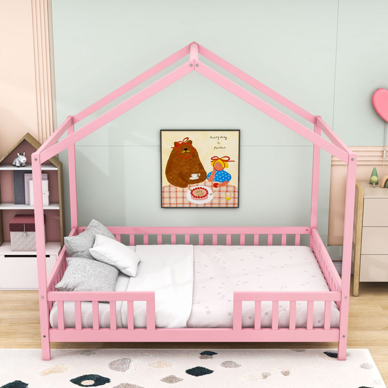 Lit plateforme en bois avec rampes Montessori, Complète, Rose