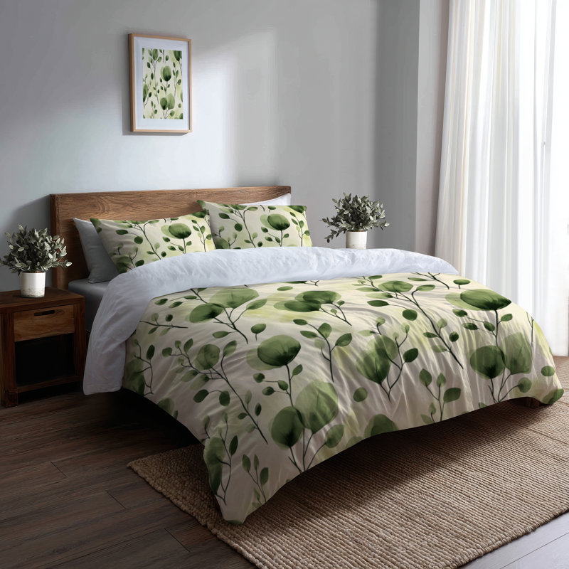 Ensemble de housse de couette Floral 3 parsemée de pétales Green Moss, Housse de couette pour grand lit et 2 taies décor