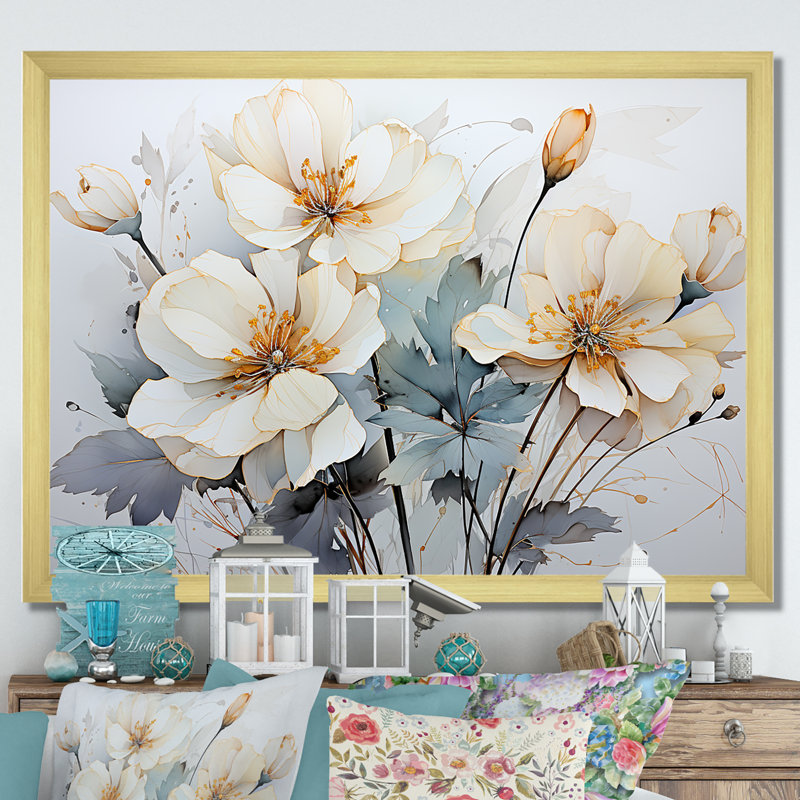 «Minimalist White and Grey Tulips Grace», reproduction sur toile, 30" H x 40" W, Gold Picture Framed