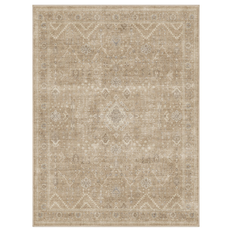Tapis traditionnel délavé antidérapant lavable, Beige / Chameau, Rectangle 9 pi x 12 pi