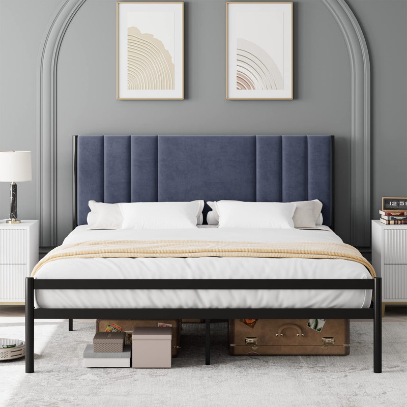 Alsace Upholstered Metal Platform Bed, Queen, Dark Gray