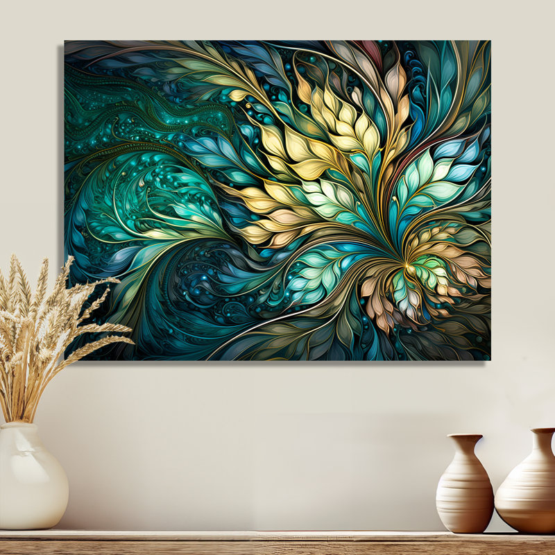 Turquoise, art nouveau, feuilles spirales - Botanicals, impression d'art mural, Métal métal, H 16 po x l 32 po x P 1 po