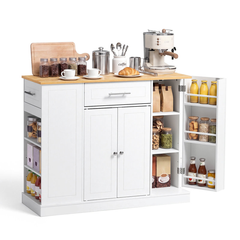 Îlot de cuisine avec rangement, table de cuisine de 107,5 cm de large, comprenant 2 tiroirs et un placard de rangement, idéal pour la salle à manger, blanc.