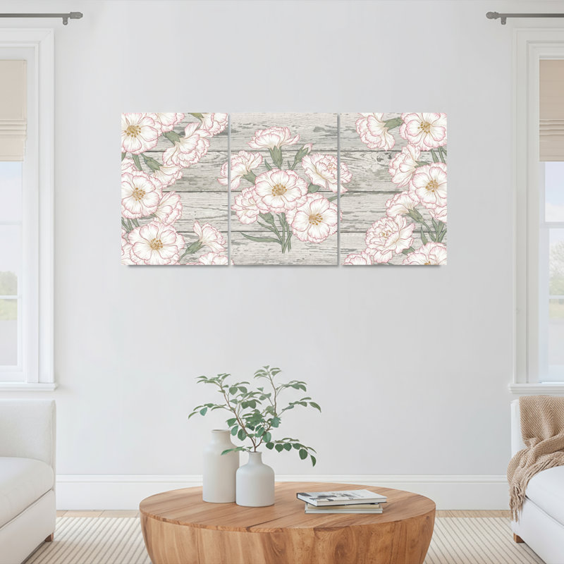 Ensemble de 3 tableaux muraux sur toile tendue, motif floral rose et blanc sur bois vieilli, H 24 po x l 48 po