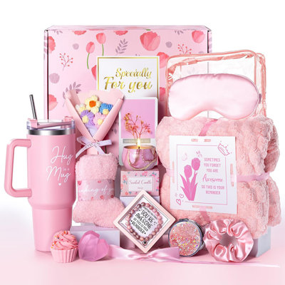 15 Pcs Pink Gift Basket for Women, Birthday Care Package with Soft Blanket & Insulated Tumbler, Get Well Soon Gift Box for Mom, Wife, Friend, Sister