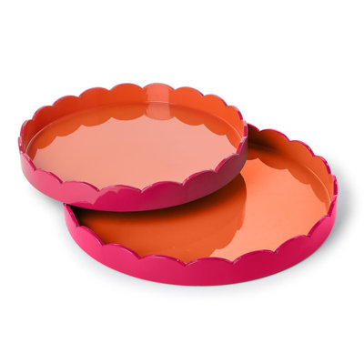 Set of 2 Scalloped Dual Tone Lacquered Trays 19.50" H Pink and Orange Decorative