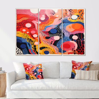 Bubbling Colorfields Retro Primary Colors - Fractal Waves Wall Art Living Room Set