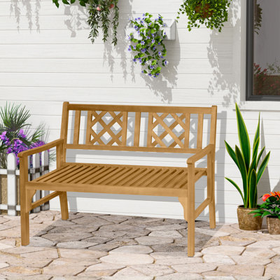 Banc de jardin en bois pour 2 personnes pour 2 personnes Outsunny, chaise pliante portative 2 places avec dossier, accoudoirs et lattes, naturel