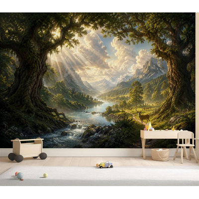 Papier peint adhésif autocollant Serene Forest Landscape Flowing Stream Greenery