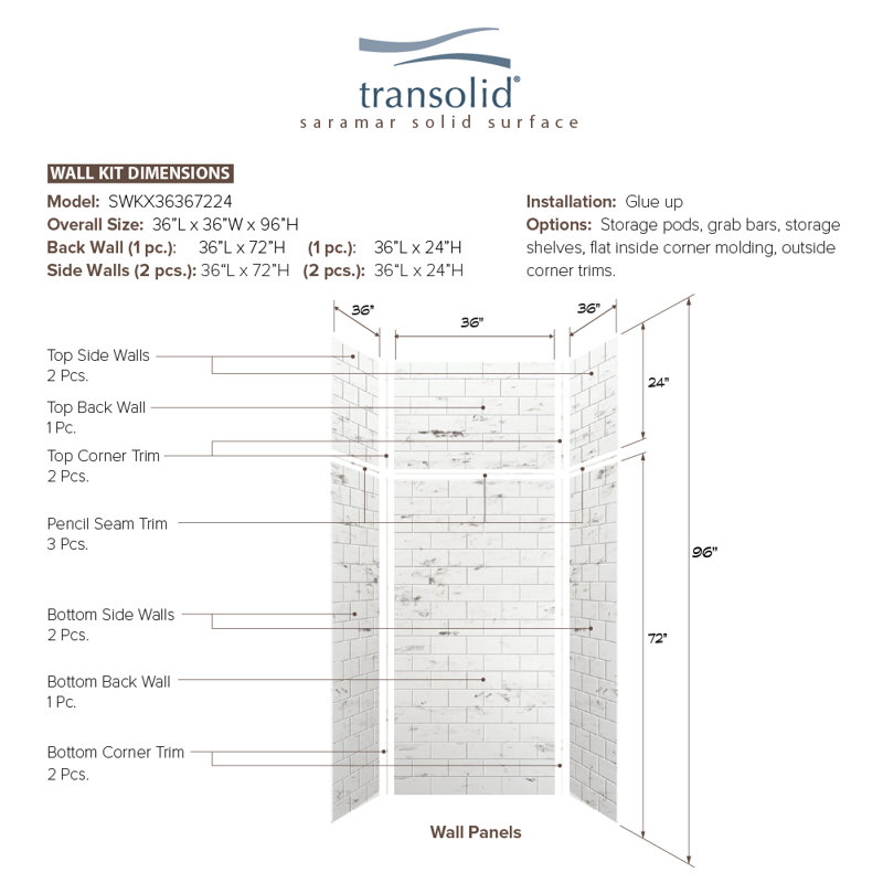 SaraMar 36'' W 36'' D 96'' H Glue Up Solid Surface Wall