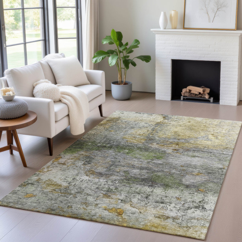 Tapis olive intérieur / extérieur lavable à la machine Xhevrie, Rectangle 9 pi x 12 pi