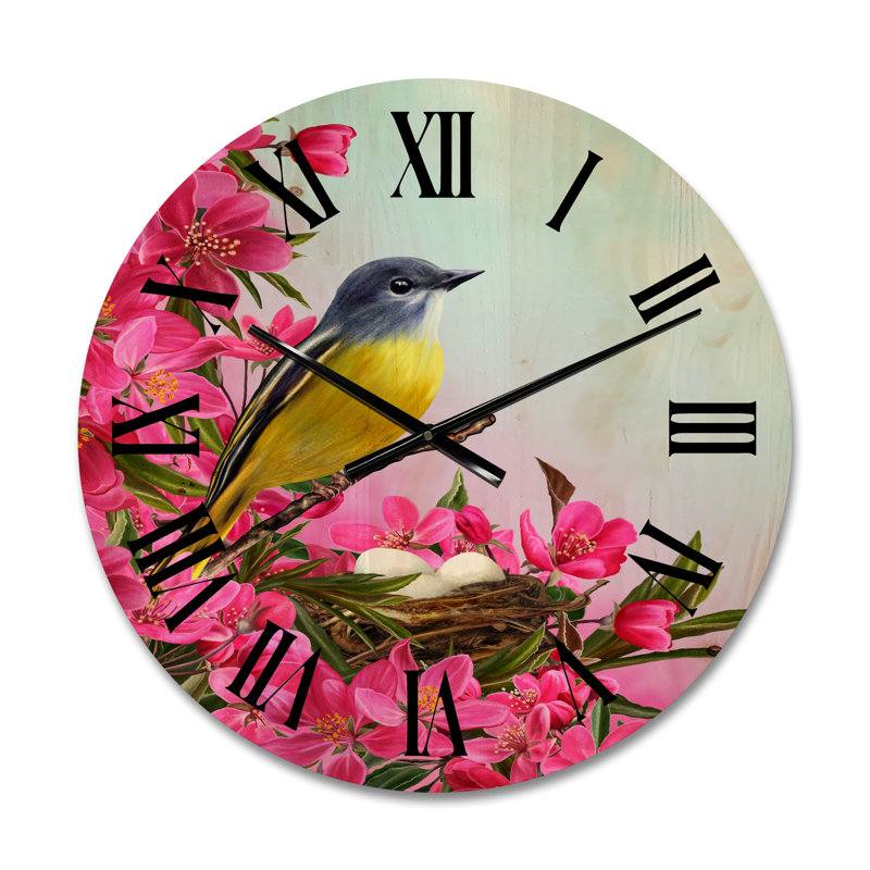 Petit oiseau près du nid avec horloge murale en bois, Moyen