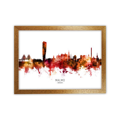 Malmo Sweden Skyline Red City Name by Michael Tompsett - Print