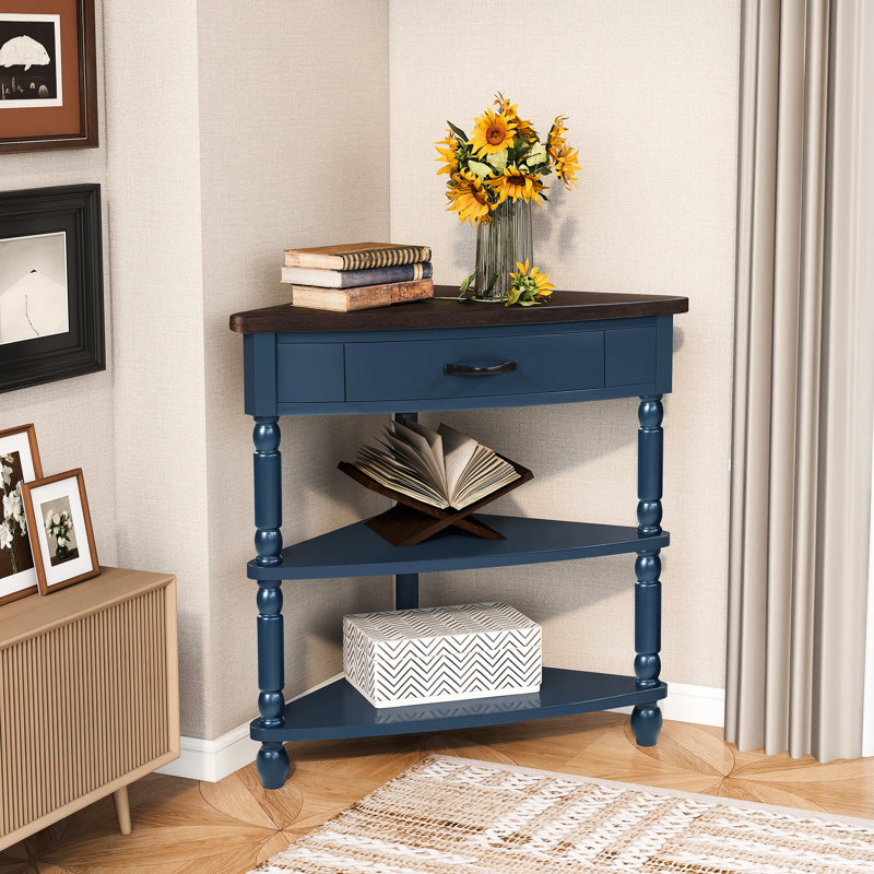 Petite table de coin triangulaire de 33,8 po avec 3 pieds en bois massif, bleu marine et plateau, idéal pour les couloirs de chambre à coucher, assemblage rapide, espaces de sécurité aux bords arrondis, long, fini, coupes de rangement,
