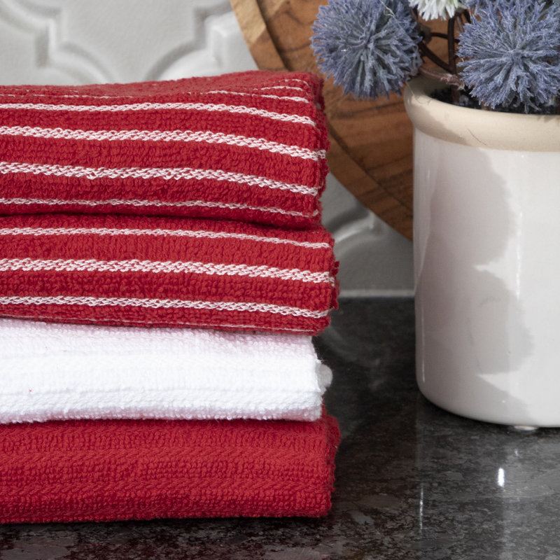 Red and White Cotton Terry Stripe Kitchen Towel Set, 4-Pack