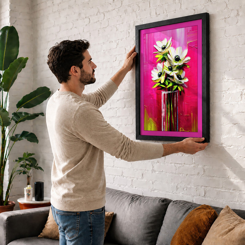 Striped Vase Flowers Modern - Single Picture Frame Print, A1 - 84.1 x 59.4 cm, Black
