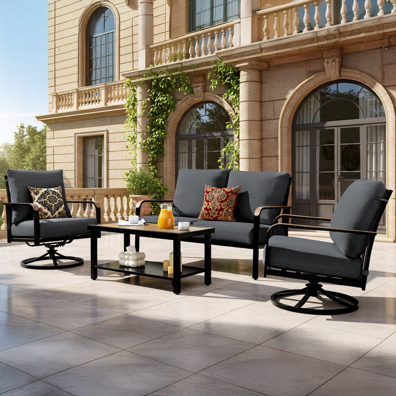 4 Pieces Outdoor Conversation With High Back Swivel Rocking Chairs, Gray Cushion/Black Frame