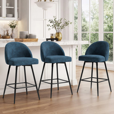 Ensemble de 3 tabourets de bar pivotants Levick, hauteur du comptoir, avec dossier et pieds en métal - Bleu