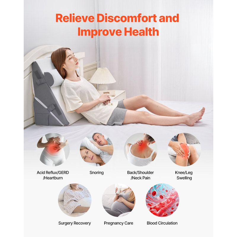 Coussin de lit pour le sommeil, ensemble orthopédique réglable pour lit de 3 pièces, avec housse lavable en jacquard et support en mousse, coussin postopératoire pour soulager les maux de dos par reflux acide, blanc / gris