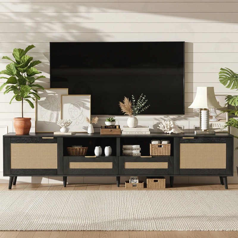 Rattan TV Stand with Solid Wood Legs