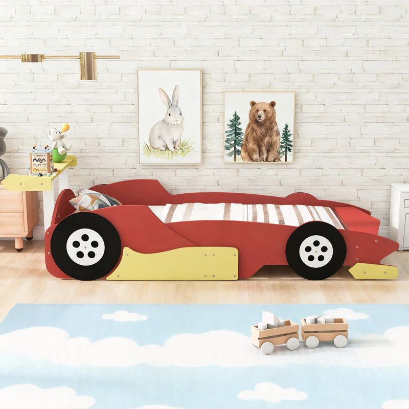 Lit plateforme simple en forme de voiture de course avec roues, Rouge