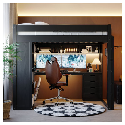 Lit mezzanine double en bois massif avec bureau en L et 4 tiroirs, noir