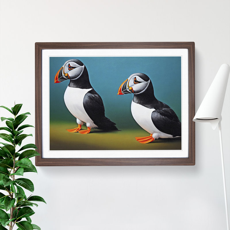 Puffin Birds Vol.1 - Single Picture Frame Print, 46cm H x 64cm W x 2cm D, Walnut