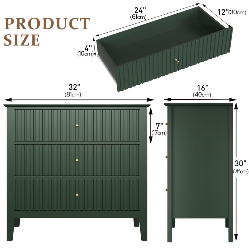 MDF 3 - Drawer Rectangle Accent Chest, Green