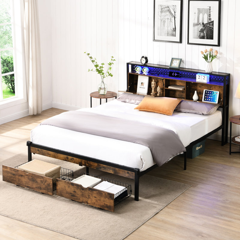 King Size Metal Bed Frame With Wooden Headboard & , 2 Drawers, Charging, Led Lights, No Box Spring, Straightforward Assembly Method Technique, 17.72In Package Width Platform Frame, Easy Assembly,