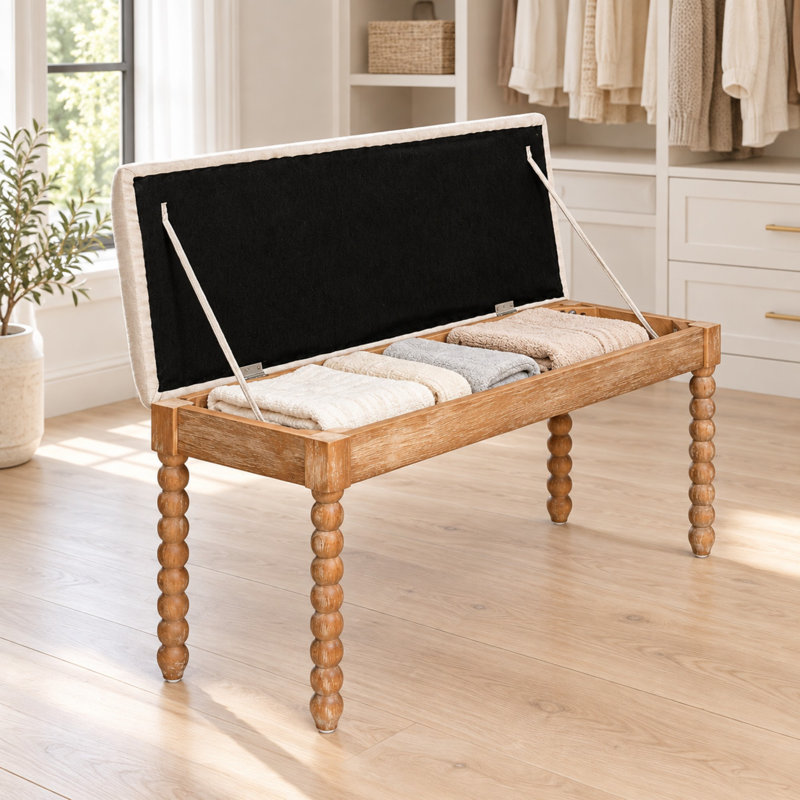 Banc de rangement en bois de style campagnard avec assise rembourrée et pieds fuselés, Brown