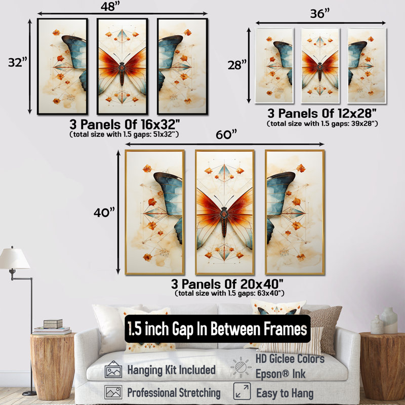 Motif de papillon orange et bleu - Art mural papillon, Cadre flottant noir, H 28 po x l 36 po x P 1 po