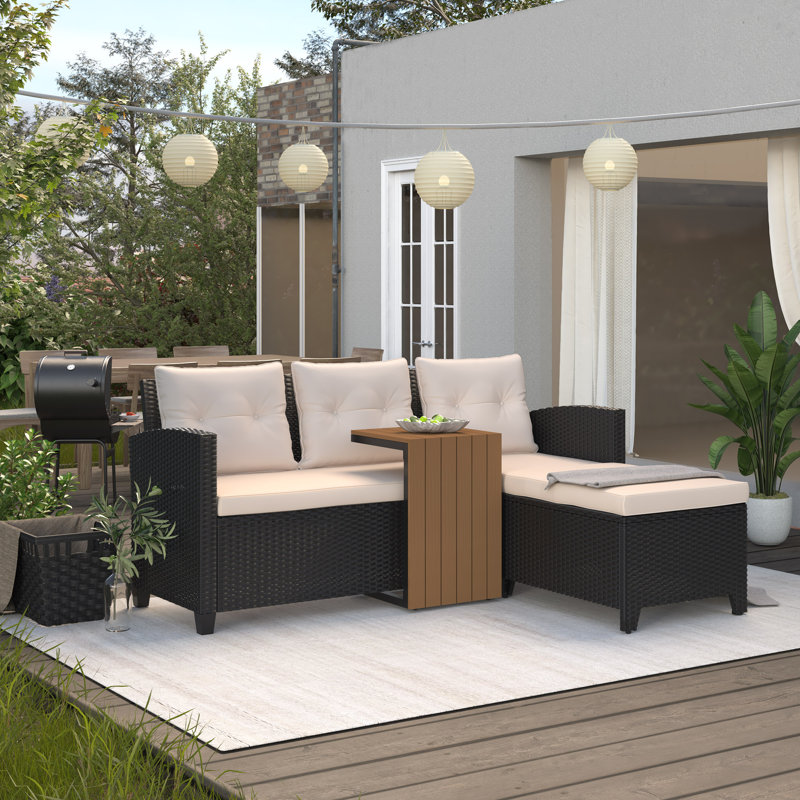 Outdoor Wicker Patio Conversation Furniture Set With Acacia Wood Coffee Table