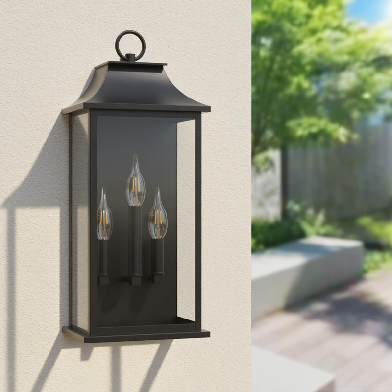 Lanterne murale d'extérieur en verre à 3 lumières avec crépuscule Witcher, H 15 po x l 6 po x P 5,3 po, Noir mat