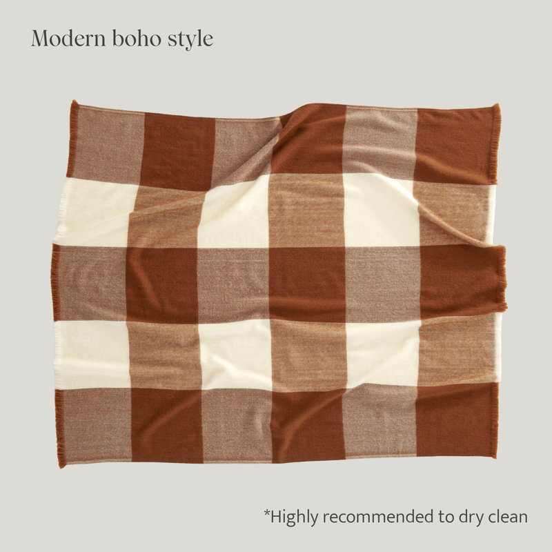 Double Stitch Alpaca Wool Fleece Blanket, Brown/Beige Checkered
