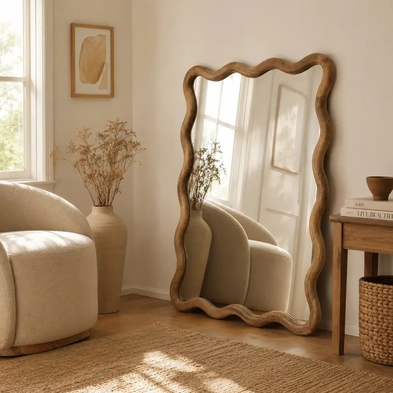 Miroir mural décoratif ondulé avec cadre en bois de manguier, 36 x 48 po