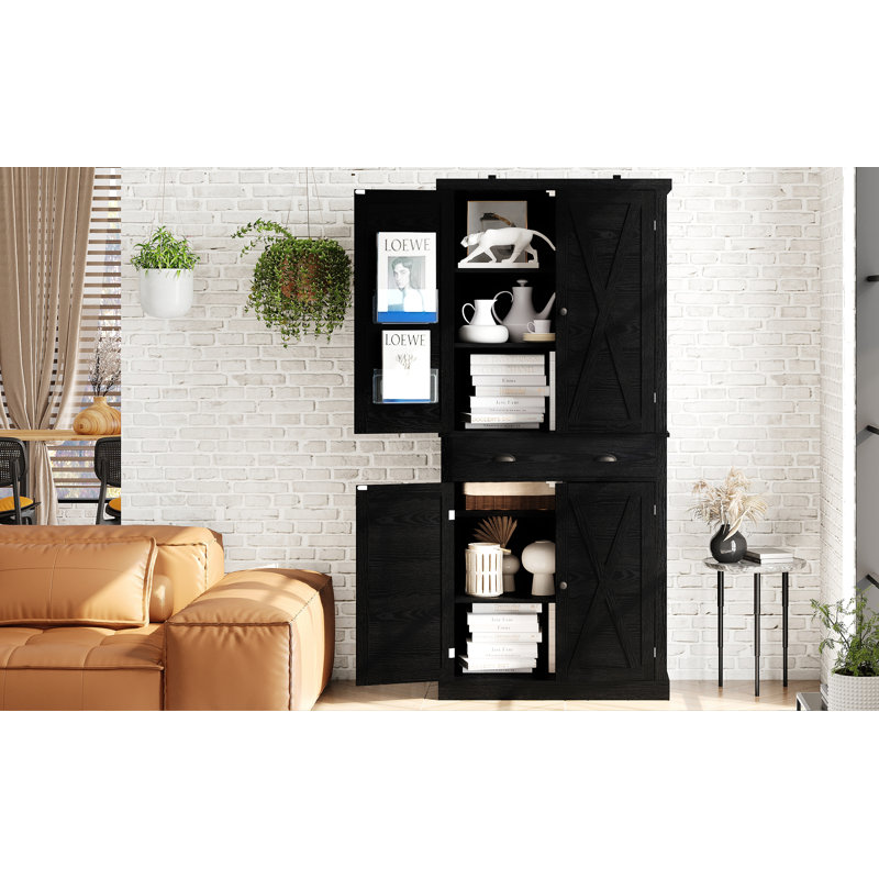 Dundonald 72.6" Tall Kitchen Pantry with 4 Adjustable Shelves, Storage Cabinet with 4 Doors for Kitchen, Living Room, Black