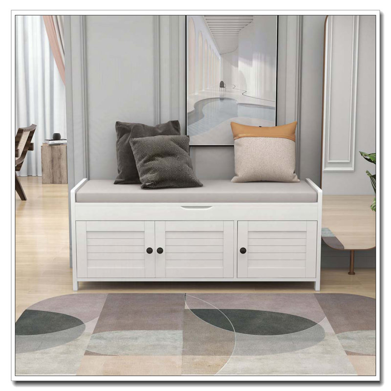 Banc de rangement en bois avec 3 portes en forme de volet, Blanc