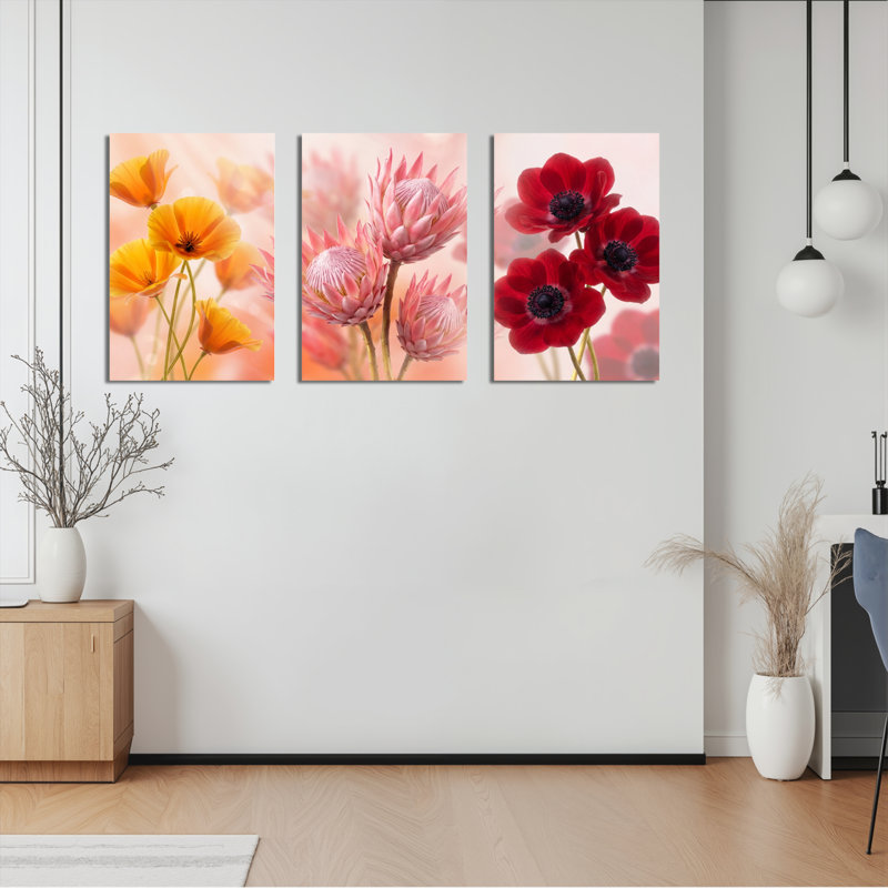 Ensemble de 3 tableaux sur toile à motifs floraux de coquelicots et de protéas, pour la décoration du salon et de la chambre.