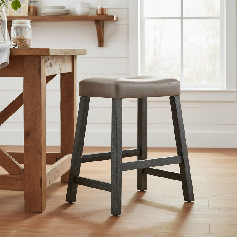 2-piece Set Of Backless Bar Stools With Leather Seats And Wooden Legs, Suitable For Kitchens And Bars, Gray