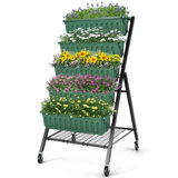 5-Tier Vertical Garden Metal Raised Garden Bed Elevated Planter Box with 4 Hooks, Removable Locking Wheels and Storage Shelf