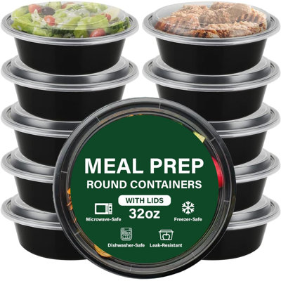 32oz Roud Black Base Meal Prep Takeaway Container Pack of 10